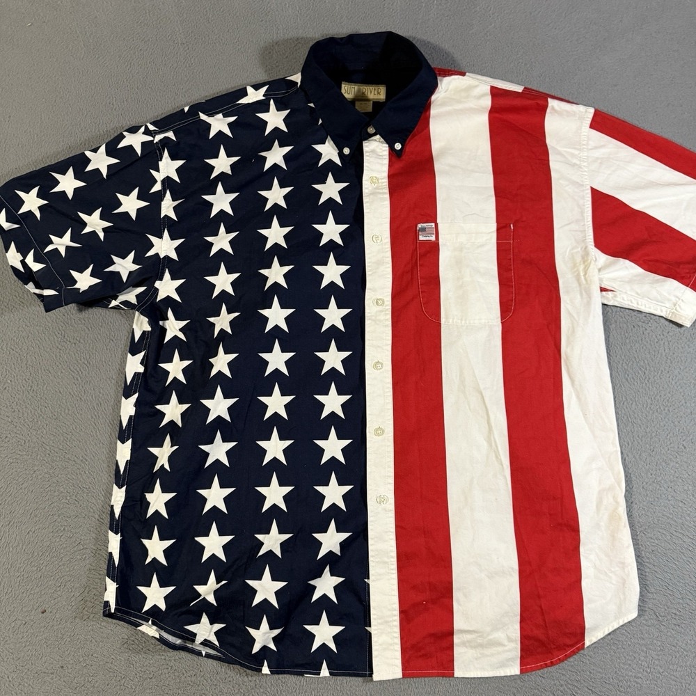 Sun River Patriotic Shirt Mens XL Short Sleeve Button Up USA Flag Red White Blue